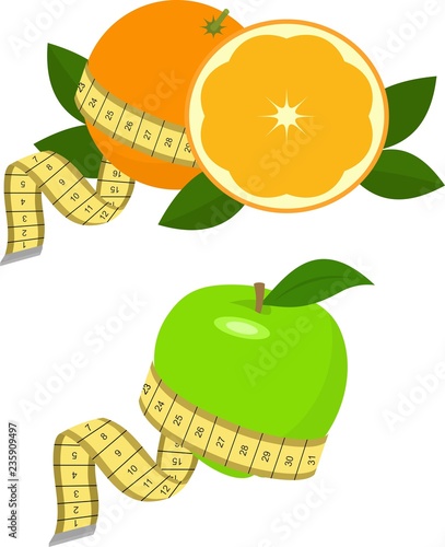 Green apple and orange with measurement. Vector Illustration on white. Healthy diet concept.