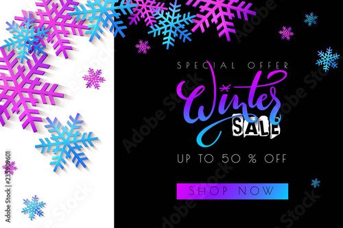 Vector illustration of sale promotion banner template with hand lettering label - winter - with snowflakes