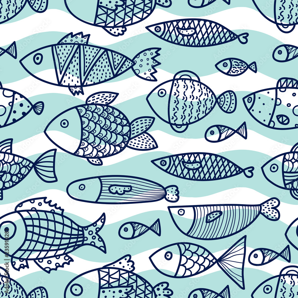 Linear decorative fish on a mint background and waves. Seamless pattern can be used for wallpaper, pattern fills, web page background, surface textures. Linear decorative fish on a mint background and waves. Seamless pattern can be used for wallpaper, pattern fills, web page background, surface textures.