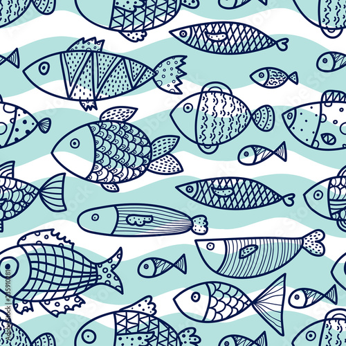 Linear decorative fish on a mint background and waves. Seamless pattern can be used for wallpaper, pattern fills, web page background, surface textures.
