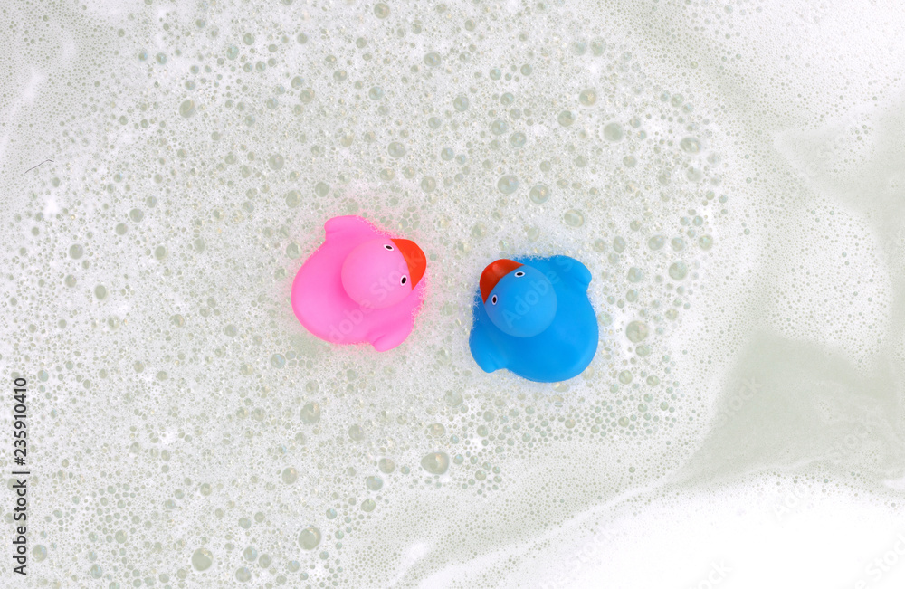Pink and blue duck in a bathtub