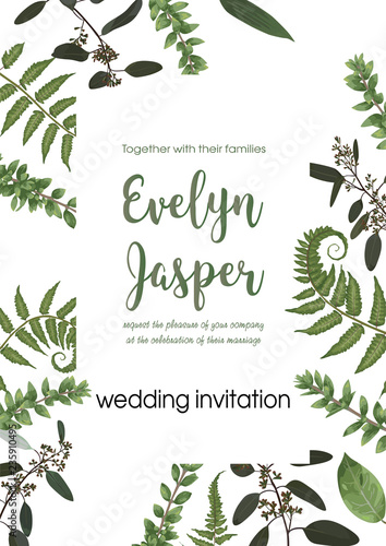 Wedding invite invitation card vector floral greenery design. Fern, eucalyptus, boxwood, botanical green, decorative square