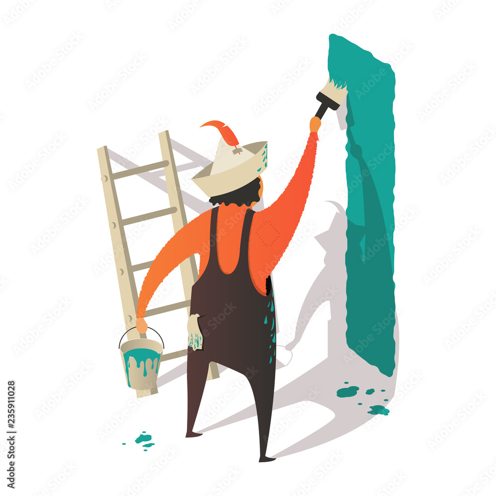 Isometric cartoon painter man painting the wall with brush and bucket
