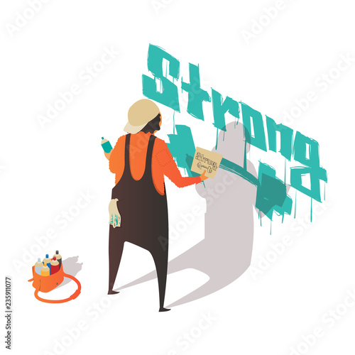 Isometric cartoon street artist painting graffiti