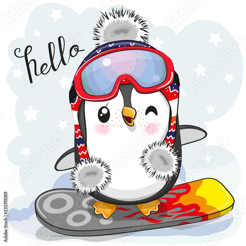 Cute cartoon Penguin on a snowboard