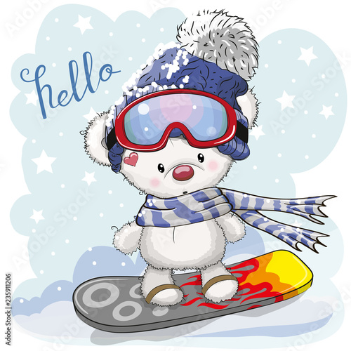 Cute cartoon Bear on a snowboard