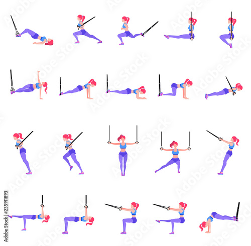 Set of woman doing different exercises with gymnastic rings TRX, sporty slender girl workout with sport equipment in air, vector illustration in flat style