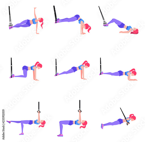 Set of woman doing different exercises with gymnastic rings TRX, sporty slender girl workout with sport equipment in air, vector illustration in flat style
