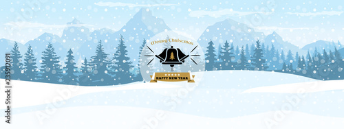 Horizontal Winter Landscape. Mountains fir tree forest in distant. Flat color vector Illustration.
