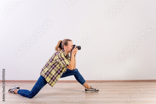 different photographer poses: bending, squatting, lying down