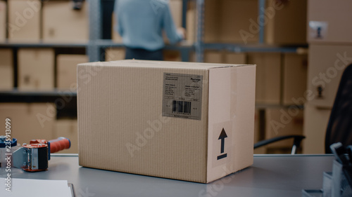 Cardboard Box Package Standing on the Table of the Warehouse where Rows of Shelves with Parcels Waiting to be Shipped and Delivered. © Gorodenkoff