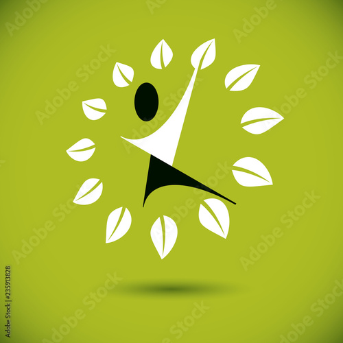 Vector illustration of happy abstract human with reaching up. Go green idea creative logo. Wanderlust and countryside vacation idea symbol.