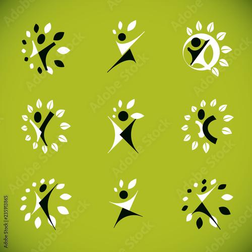 Set of vector illustrations of excited abstract man with arms reaching up. Alternative medicine concept, phytotherapy logo.