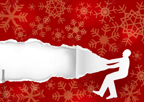 Paper male silhouette ripping red Christmas Paper Background.
Illustration of paper male silhouette with torn paper with snowflakes.  Place for your text or image. Vector available.
