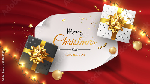 Vector photorealistic top view christmas still life. Vector design xmas banner, brochure cover. Merry christmas callygraphy.
