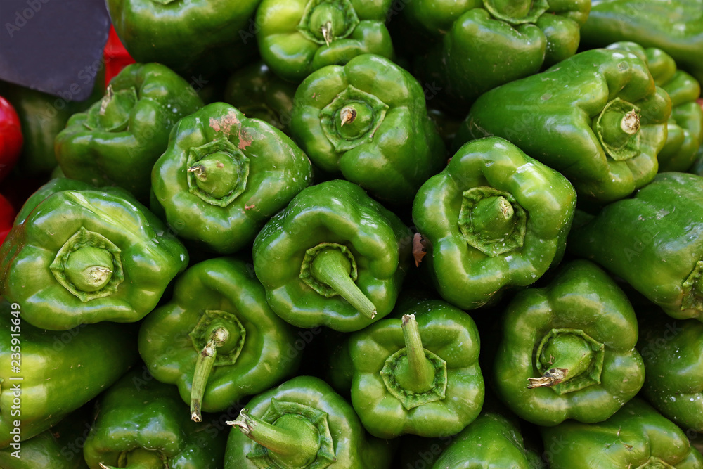 Close up fresh green bell peppers Close up fresh green bell peppers