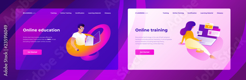Two web page design templates for distance education, consulting, training, language courses with studying people. Modern vector illustrations concepts for website and mobile website development.