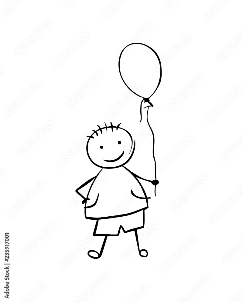 Linear vector boy with balloon. Black on white Linear vector boy with balloon. Black on white