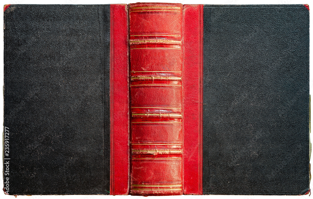 Naklejka premium Old open book cover with black textured paper boards and cracked embossed red leather spine with abstract golden geometric decorations - circa 1864 - isolated on white