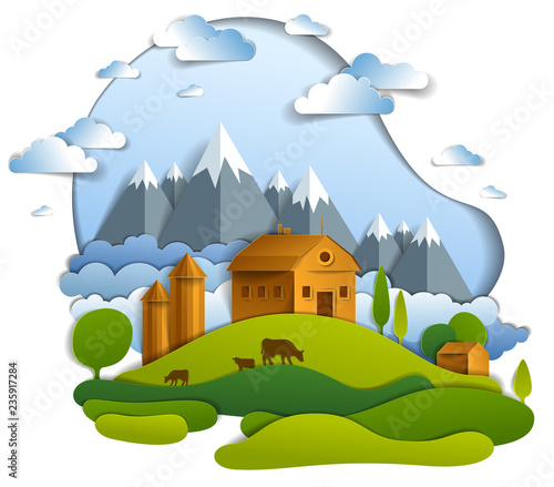 Scenic landscape of farm buildings among meadows trees, mountain range and clouds in the sky, vector illustration of summer time relaxing nature in paper cut style. Countryside beautiful ranch.