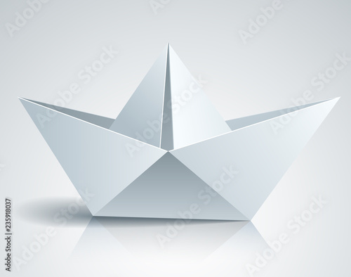 Origami paper folded toy ship, 3d realistic vector illustration.