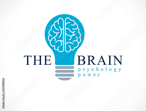 Psychology vector logo or icon with human anatomical brain inside of idea light bulb.