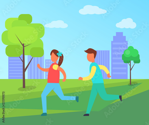 Children Running in Park Set, Vector Cartoon Icon