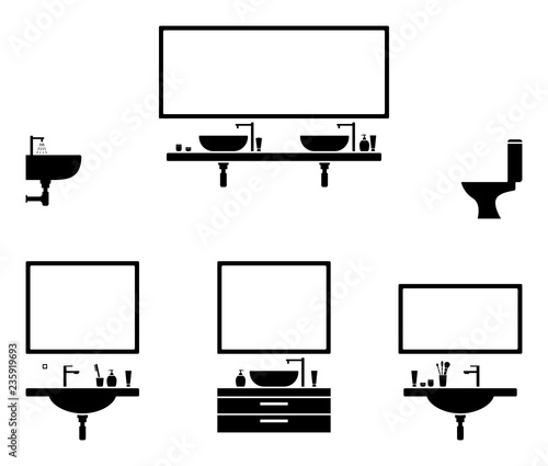 Bathroom interior black and white icon set. Mirror and lavabo design pictogram