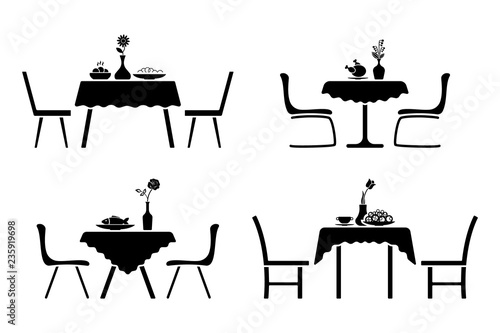 Kitchen interior black and white icon set. Table and chair cafe design pictogram