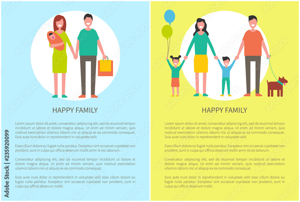 Happy Family Posters Set Text Vector Illustration