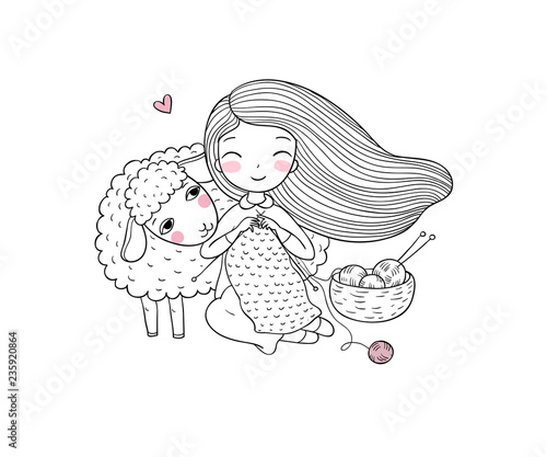 Knitting girl and a cute cartoon sheep.
