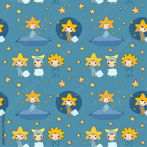 Pattern with dwarfs and stars. Night elfs. Vector