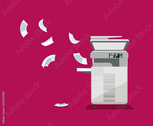 Big floor Professional office copier, multifunction printer printing paper documents on bright background. Printer copier machine for office work with flying sheets. Flat cartoon vector illustration.