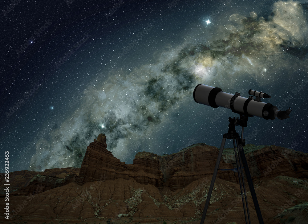 Naklejka premium telescope on tripod looking at the milky way in night sky