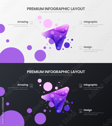 Premium 3 option arrow marketing analytics presentation vector illustration template. Business data visualization design layout set. Amazing triangle organic statistics infographic report bundle.