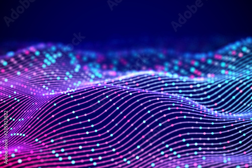 3D Sound waves with colored dots. Big data abstract visualization. Digital concept: virtual landscape. Futuristic background. Sound waves, visual audio waves equalizer, EPS 10 vector illustration.
