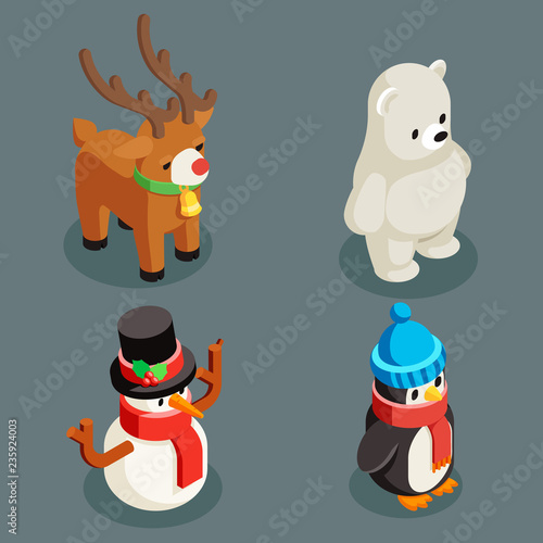 Christmas animals isometric polar white bear snowman deer penguin character winter new year 3d flat cartoon design vector illustration