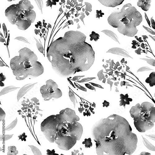 Abstract watercolor floral seamless pattern in a la prima style, red flowers