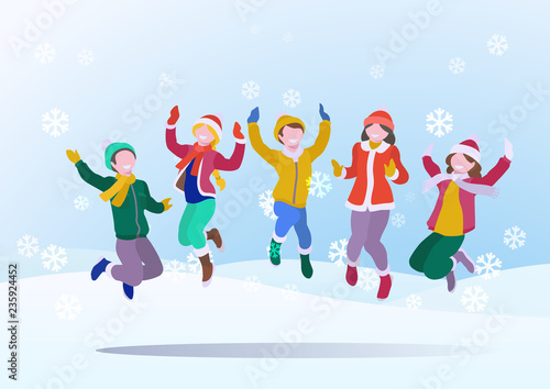 Happy Children fun jumping Winter snow background Snowflakes