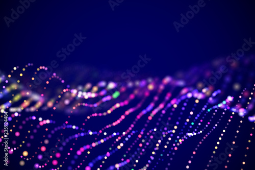 Abstract digital landscape or soundwaves with flowing particles. Big data technology background. Visualization of sound waves. Virtual reality concept: 3D digital surface. EPS 10 vector illustration.