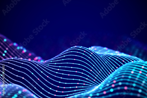 3D Sound waves with colored dots. Big data abstract visualization. Digital concept: virtual landscape. Futuristic background. Sound waves, visual audio waves equalizer, EPS 10 vector illustration.