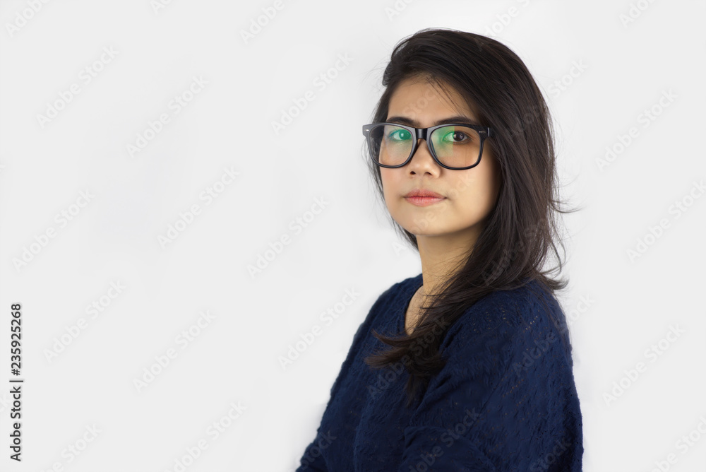 Portrait of Asian women with long hair and white background. Copy space. Portrait of Asian women with long hair and white background. Copy space.
