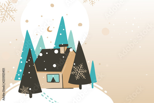 Hand drawn vector abstract fun Merry Christmas and Happy New Year time cartoon illustration greeting card with winter landscape and cozy home in forest isolated on craft background