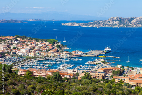 Panoramic aerial cityscape of Palau and mediterranean sea in Sardinia island