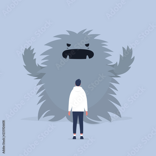 Panic attack. Face the fear.  Psychological issues. Phobia, Dealing with the stress. Huge monster trying to scare a character. Flat editable vector illustration, clip art