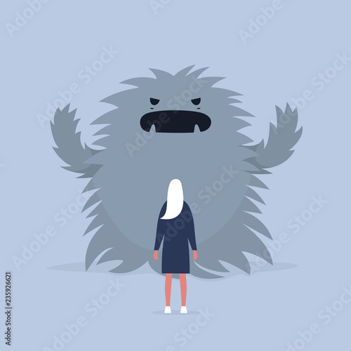 Panic attack. Face the fear.  Psychological issues. Phobia, Dealing with the stress. Huge monster trying to scare a character. Flat editable vector illustration, clip art