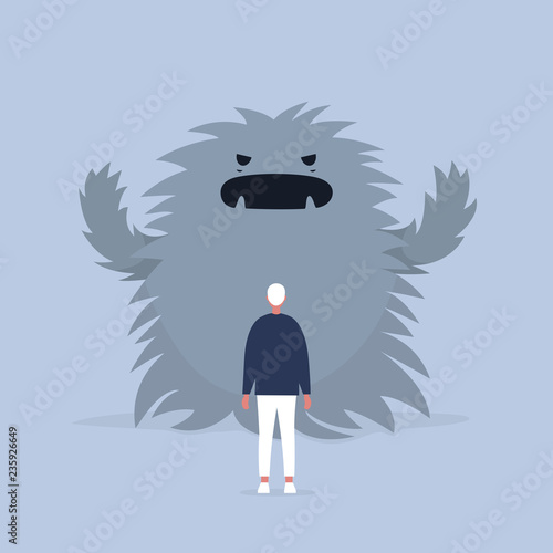 Panic attack. Face the fear.  Psychological issues. Phobia, Dealing with the stress. Huge monster trying to scare a character. Flat editable vector illustration, clip art