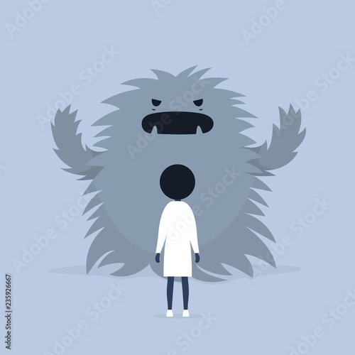 Panic attack. Face the fear.  Psychological issues. Phobia, Dealing with the stress. Huge monster trying to scare a character. Flat editable vector illustration, clip art