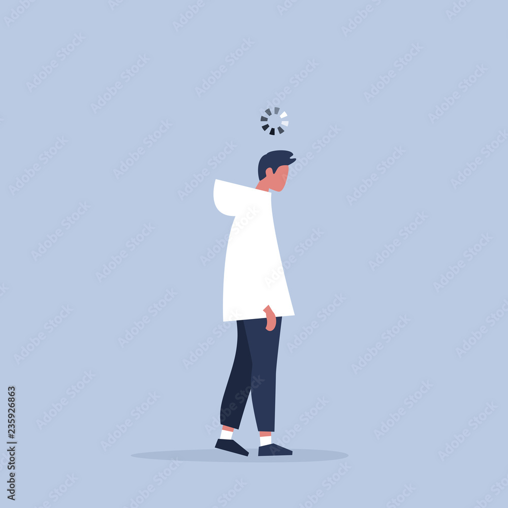 Working process conceptual illustration. Young exhausted manager with a loading bar above his head. Millennials at work. Working process conceptual illustration. Young exhausted manager with a loading bar above his head. Millennials at work.
