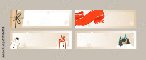 Hand drawn vector abstract fun Merry Christmas time cartoon illustrations greeting cards and banners collection set with gift boxes and Christmas tree isolated on craft background